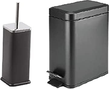 FINE STAR 5L Slim Pedal Bin Square Toilet Brush Holder Bathroom Set Rectangular Removable Bucket Trash Recycling Bin (Black 5 L Bin + Brush Holder)