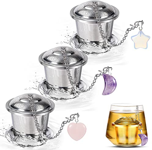 Tea Infuser with Charm 3 Sets Stainless Steel Loose Leaf Tea Strainer and Steeper Tea Ball Infuser Strainer Tea Mesh Strainer Tea Filters with Drip Trays and Pendant for Pot Cup Mug (Elegant Style)