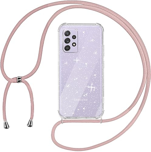 Tikgue Handykette für Samsung Galaxy A52S 5G / A52 5G Hülle mit Band, Handyhülle mit Kordel zum Umhängen Schutzhülle mit Kette Glitzer Transparent Weich TPU Silikon Bumper - Roségold