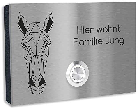 Jung-Edelstahl-Design Edelstahl Türklingel. Klingel Aufputz oder Unterputz. Klingelplatte 12x8 cm. Klingelschild mit Gravur Klingeltaster LED weiss London1G Motiv Pferd
