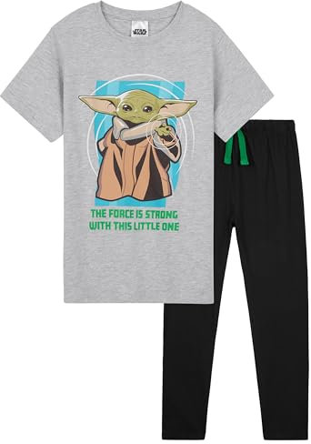 Disney The Mandalorian Schlafanzug Jungen Teenager Pyjama Kinder 7-14 Jahre Winter Nachtwäsche Oberteil Pyjamahose Lang (Schwarz/Grau, 9-10 Jahre)