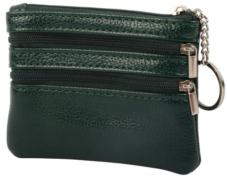 Creaher Mini porte-monnaie en cuir véritable pour femme - Noir - Petit porte-monnaie - Pour homme - Avec porte-clés - Trois compartiments - Carte d'affaires, vert, Mini porte-monnaie en cuir véritable