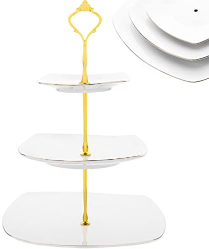 Nyxi Cake Stand Afternoon Tea White Ceramic Square Plates 3 Tier Cake Stand Porcelain Display with New Gold Crown Fittings