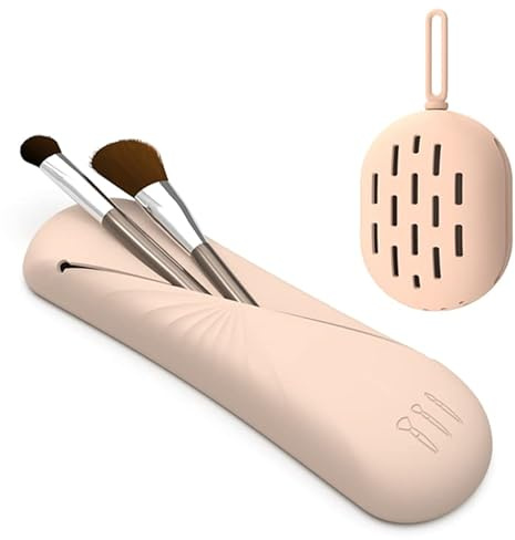 WE BEAUTY – Rangement éponge et pinceaux maquillage, étui en silicone réutilisable lavable, transport, pour éponge à maquillage et pinceaux make-up, waterproof (Beige)