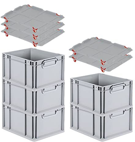 PROREGAL SparSet 5x Eurobox NextGen Grip mit Auflagedeckel & 4 roten Schiebeschnappverschlüssen, HxBxT 22x30x40cm, 20 L, Grau, Griffe geschlossen, Eurobehälter, Transportbox