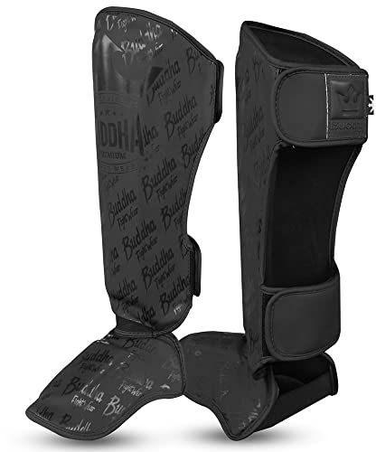 Buddha Fight Wear – Episches Modell der Schienbeinschoner für Muay Thai, MMA und Kickboxen – Hergestellt aus Kunstleder der neuesten Generation – Widerstandsfähigere & verstärkte Nähte –Mattschwarz–L