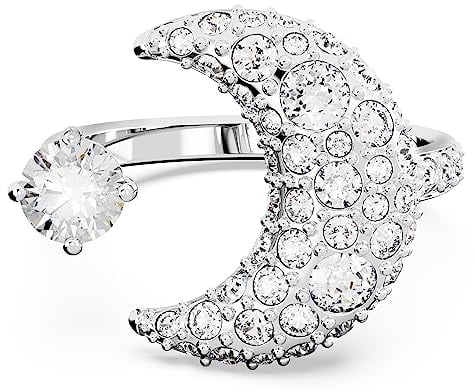 Swarovski Sublima Offener Ring, Weißer und Rhodinierter Damenring mit Mond-Motiv und Edlen Swarovski Kristallen