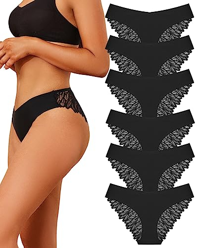FINETOO Seamless Slips Damen Nahtlose Unterwäsche Spitzen Hipster Frauen Sexy V Waisted Unterhosen Angenehme Panties Passform 6er Pack S-XL
