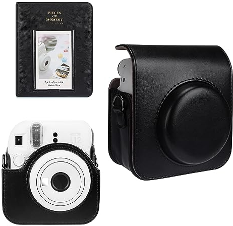Meetikar Kameratasche und 64 Taschen Fotoalbum kompatibel mit Fujifilm Instax Mini 12 Sofortbildkamera, PU Leder tragbare Mini 12 Kameratasche mit verstellbarem Schulterriemen (Schwarz)