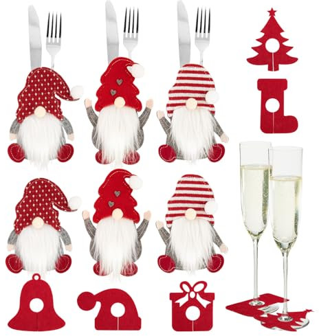 BOFUNX 6 Stücke Weihnachten Besteckbeutel Filz Weihnachtswichtel Besteckhalter Bestecktasche + 6 Stücke Filz Glasmarkierer Tischdeko Weihnachtsdeko Partydeko