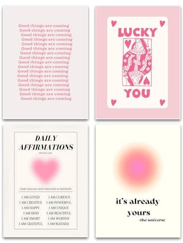 Hwetui Poster mit Aufschrift Daily Affirmations, Lucky You, trendiges, adrettes rosa Leinwandbild, Aura-Wanddekoration für Teenager, Mädchen, Schlafzimmer, Schlafsaal, Wohnzimmer, Badezimmer, 30,5
