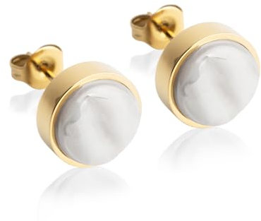 Kleine Ohrstecker gold mit Stein • Graue Ohrringe für Damen • Nachhaltiger Modeschmuck aus Edelstahl & recyceltem Glas mit Perlmutt Optik • Ø 9mm