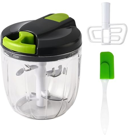 STAWINM Tritatutto manuale multifunzione, da 900 ml, con corda per affettare verdure, trituratore manuale da cucina, con 5 lame in acciaio inox e spatola per verdure, frutta, carne (900 ml, verde)