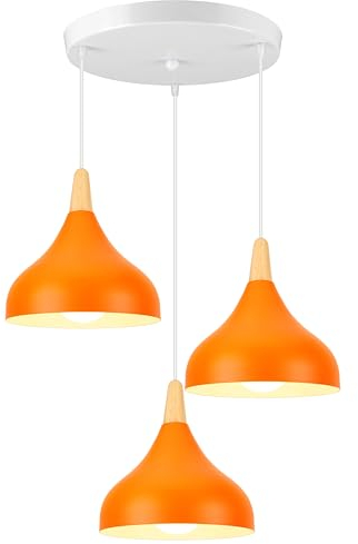 iDEGU Pendelleuchte Retro 3 Lampen, Hängeleuchte, modern, Tropfen-Stil, Hut, Deckenleuchte, E27, Metall, Holz, Deckenlampe für Schlafzimmer, Esszimmer, Küche, Ø 20 cm (Orange, rund)