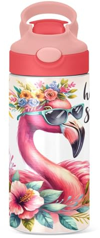 Kids Water Bottle with Straw, Flamingo Wearing Sunglasses Floral Wreath Summer Small Thermos Flask Thermal Insulated Stainless Steel Water Flask Sports Hot Cold, 12oz/350ml, Leak Proof Lid BPA-Free