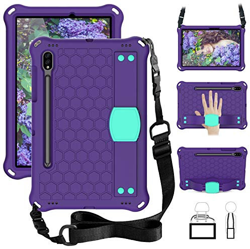 Funda para tablet Samsung Galaxy Tab S9 FE 5G de 10.9 pulgadas (SM-X510N/X516B) para niños, duradera, ligera, EVA y PC, a prueba de golpes, con correa para el hombro, morado y aguamarina