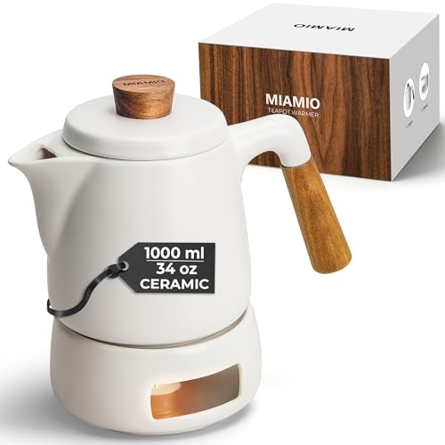 MIAMIO - Teapot Set with Warmer / 1L / 1000 ml Tea Kettle with Infuser for Steeping Loose Tea Leaves - Gift for Women/Tea Lovers (White)