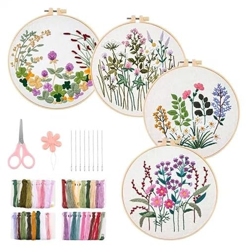 PBUSPU Lot de 4 kits de broderie à la main pour adultes avec pneus, motif floral, plantes, 1 cadre à broder en bambou, instructions et outils, kit de point de croix pour bricolage