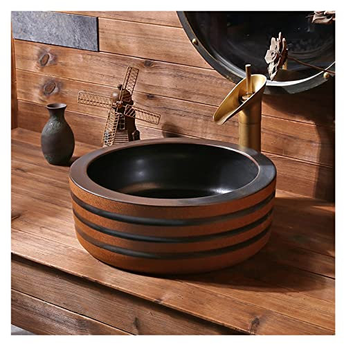 ROLTIN Fregadero de Porcelana Vintage, Lavabo artístico Redondo para baño, Lavabo artístico de cerámica sobre encimera con Grifo y desagüe emergente