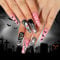 Halloween Fake Nails,24pcs Long Funny Faces Fake Nails,Halloween Press on Nails,Acrylic French Stick on Nails with Glue, Full Cover Fake Nails (Pink & Black, 1)