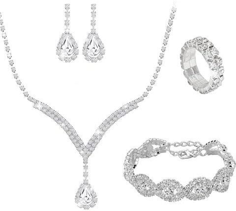 KBRPEY 4 Stück Brautschmuck Set Damen Mädchen Braut Halskette Tropfen Anhänger Ohrringe Ring Strass Armband Set Strass Kristall Hochzeit Schmuck Set Strass Halskette Hochzeit Party (Silber)