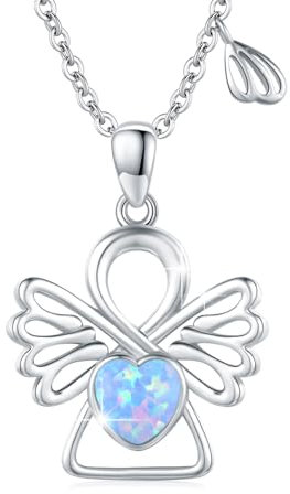 OHAYOO Schutzengel Kette Silber 925 Opal Engel Anhänger Halskette Schutzengel Opal Schmuck Engelsrufer Geschenke für Mädchen Frauen (Blau)