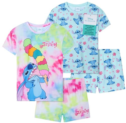 Get Trend Disney Stitch 2 Ensembles de Pyjama Fille et Ado Court Ensemble Fille Vêtement de Nuit Pyjamas Été Tenues Détente Idée Cadeau (9-10 Ans, Bleu Stitch)