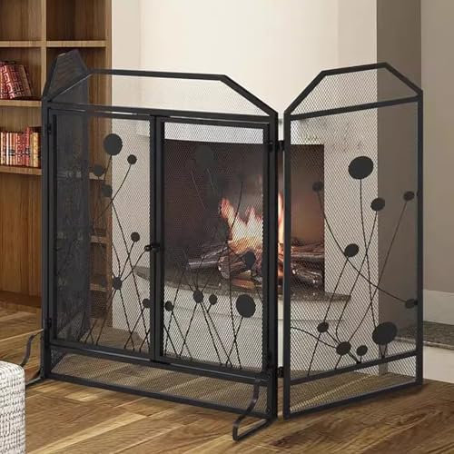 Jievmrs Salvachispas Chimenea Protector de Chimenea Plegable de Hierro Forjado con 3 Rejillas Negras, Protector de Malla a Prueba de Chispas para Chimenea con Puertas, Protector de Chimenea de Leña