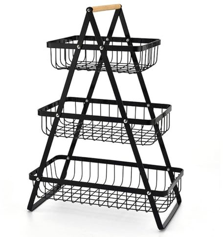 3-Tier Fruit Stand Fruit Bowl Holder, Fruit Basket, Bread Basket, A fruit display stand with a wooden handle designed for showcasing fruit, vegetables, and in domestic, culinary, or office settings