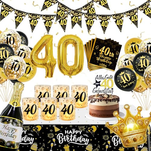 WINAROI 40 Geburtstag Deko Männer Frauen, 40. Schwarz Gold Geburtstag Deko Luftballons mit Windlicht Tischdeko Servietten Tischdeck, 40. Luftballons, Birthday Party Decoration