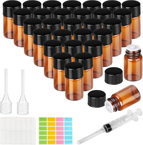 Ysimple 30 Pcs Amber Glass Bottles, 1ml Small Glass Bottles, Empty Refillable Dropper Bottle Essential Oil Bottle, Sample Container Supplied with Pipette Syringe Sticker, for Essential Oil, Massage