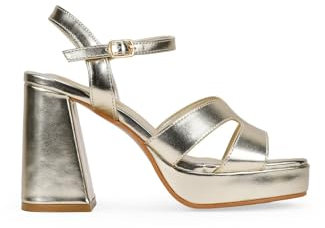 BOSANOVA Sandalias de Fiesta para Mujer con Aberturas en la Pala, Suela de Plataforma y tacón Ancho de 10 cm. Cierre de Pulsera con Hebilla. Calzado para Mujer Oro 38