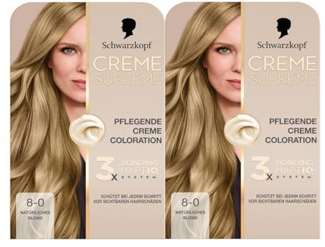 Schwarzkopf Creme Supreme Coloration 8-0 Rubio natural (2 x 182 ml), coloración permanente con suero y mascarilla para el cabello, protege contra daños visibles del cabello, para una cobertura 100% de