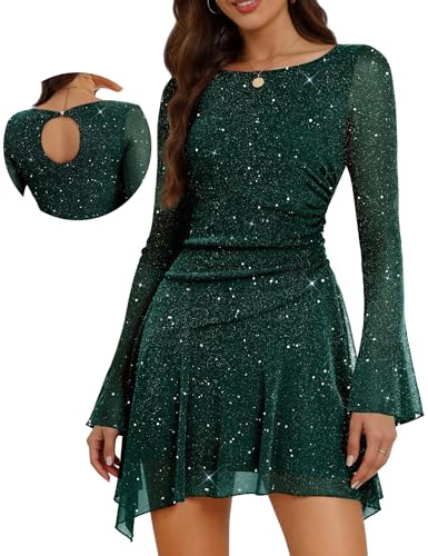 Aupuls Sparkly Homecoming Dress Short with Sleeves Ruched Waist | Back button closure, Bell Sleeve, Comfort lining prevent rubbing, Ruched Waist, Slim-fit dress for cocktail party date night