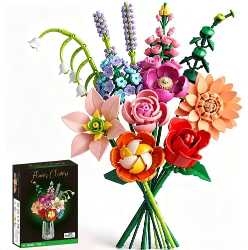 Bouquet de Fleur Plantes Construction, 769 PCS 12 Style Eternal Artificielles Flowers, Cadeau Saint-Valentin pour Homme ou Femme Fête des Mères Noël pour Adultes et Enfants 6+