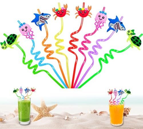8 Stück Meerestiere Strohhalme Kinder, Wiederverwendbare Trinkhalme mit Reinigungsbürste, Ozean Theme Partydeko für Kindergeburtstag, Bunte Unterwasserwelt Strandparty Cocktail