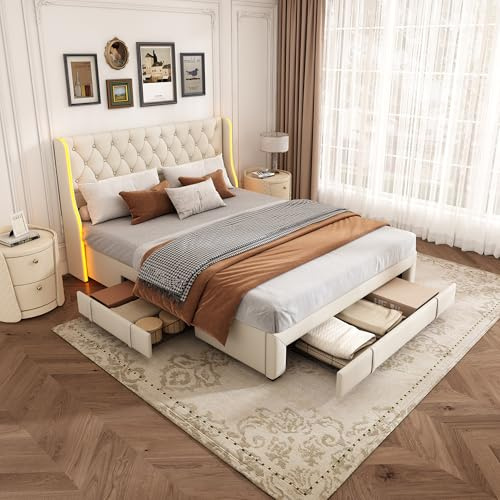 Fofetbfo Polsterbett 160 x 200 cm mit LED-Beleuchtung, Doppelbett mit 3 Schubladen, Stauraum, 2 Personen mit Lattenrost, Kopfteil, Erwachsenenbetten, Samt