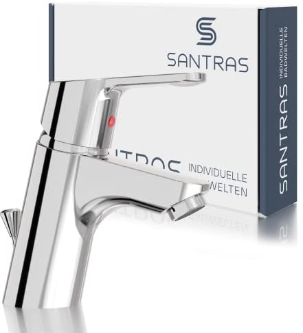 SANTRAS® Waschtischarmatur Bad in Chrom mit Zugstange – Einhebelmischer/Einhand-Mischarmatur warm/kalt für 1-Loch Waschbecken – Badezimmer Wasserhahn ohne Ablaufgarnitur