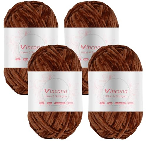 Vincona 4 x 100g Chenille Wolle zum Häkeln - Kuschelig und hautfreundlich,Garn zum Stricken und Häkeln - 100% Polyester – 4 x 120 m – Nadelstärke 5-6 Karamell