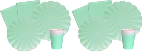 Ciao Kit Vajilla de Fiesta Flower Shape para 8 personas (44 pcs: 8 platos Ø23cm, 8 platos Ø18cm, 8 vasos 250ml, 20 servilletas 33x33cm) de papel compostable eco-friendly, menta verde (Paquete de 2)