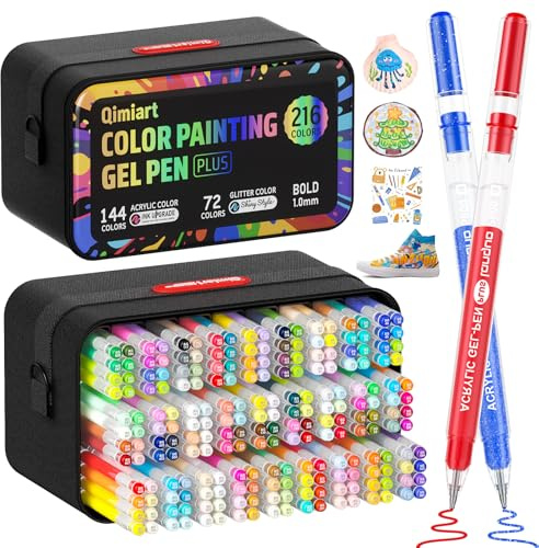 TrendGate 216 Acrylstifte Gelstifte Set, 144 Acrylstifte + 72 Glitzerstifte | 1mm Strichstärke Gelschreiber, zum Malen, Schreiben & Journaling für Leinwand, Stoff, Papier, Vielzahl von Oberflächen