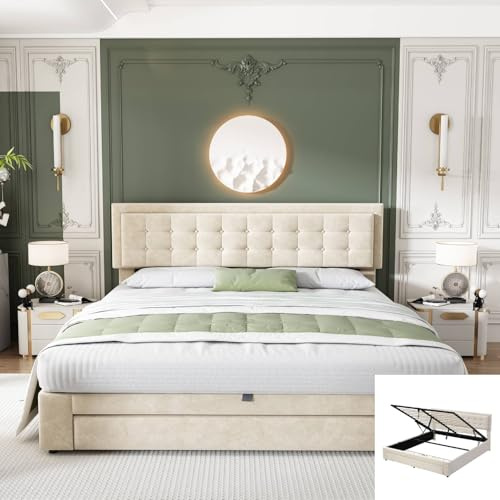 AliSefaiy Hydraulisches Stauraumbett 160 x 200, Polsterbett(Beige) | Bett mit Stauraum und Lattenrost, Jugendbett mit Gepolstertes Kopfteil aus Weicher Samt, Doppelbett, Schubladen,Ohne Matratze