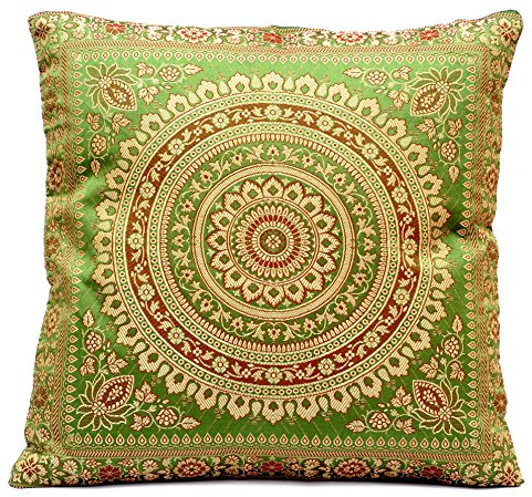 Ruwado Grün Seide Kissenbezug | Zierkissenbezug | Sofakissenbezug | Dekokissen | Zierkissen - 40 cm x 40 cm ***Handgewebt und Handgefertigt von Kunsthandwerkern aus Kaschmir-Indien***