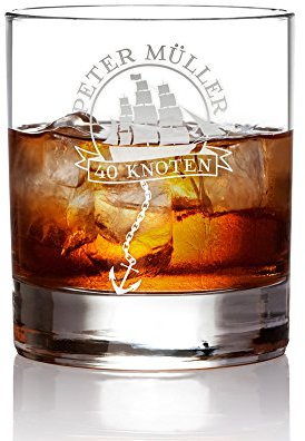 AMAVEL Rumglas mit Gravur zum Geburtstag, Segelschiff mit Anker, Personalisiert mit Namen und Alter, Füllmenge: 320 ml