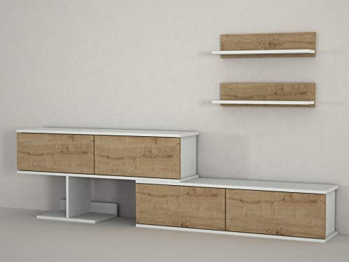 Alphamoebel 4791 Maximus Wohnwand modern TV Lowboard Anbauwand Mediawand, Weiß Safir, Holz, 4 Türen, 2 Hängeregale, viel Stauraum, für Wohnzimmer, 185,5 x 59 x 29,5 cm