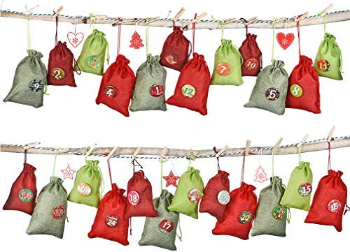 KOHMUI Adventskalender zum Befüllen, 24 Stoffsäckchen Kette Set zum Selbstbefüllen Aufhängen, Jutesäckchen Stoffbeutel Beutel Säckchen, Boden mit 1-24 Zahlen für DIY Deco Weihnachtskalender