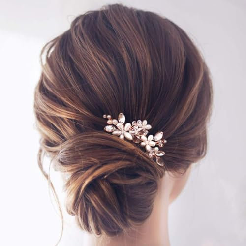 JAKAWIN Forcine per capelli da sposa con perle, fiore e strass, accessori per capelli da sposa, per donne, HP065 (oro rosa)