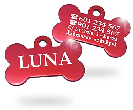 Ibera Gifts - Chapa Perro Grabada en Forma de Hueso, Placa Perro Personalizada para Perros y Gatos Grandes a Muy Grandes, XL, Tamaño 50 x 34 mm, Chapa Identificativa Perro y Gato (Rojo)