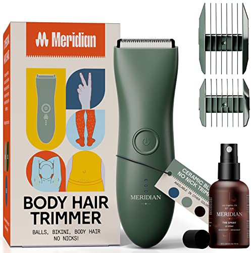 The Complete Package by Meridian: includes Men’s Waterproof Electric below-The-Belt Trimmer and The Spray (50 mL) - Features Ceramic Blades and Sensitive Shave Tech (Sage)