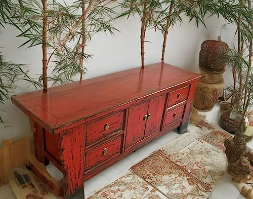 OPIUM OUTLET Rote Vintage Kommode Lowboard Schrank Shabby-chic Sideboard aus Holz für Wohnzimmer, Flur, Schlafzimmer
